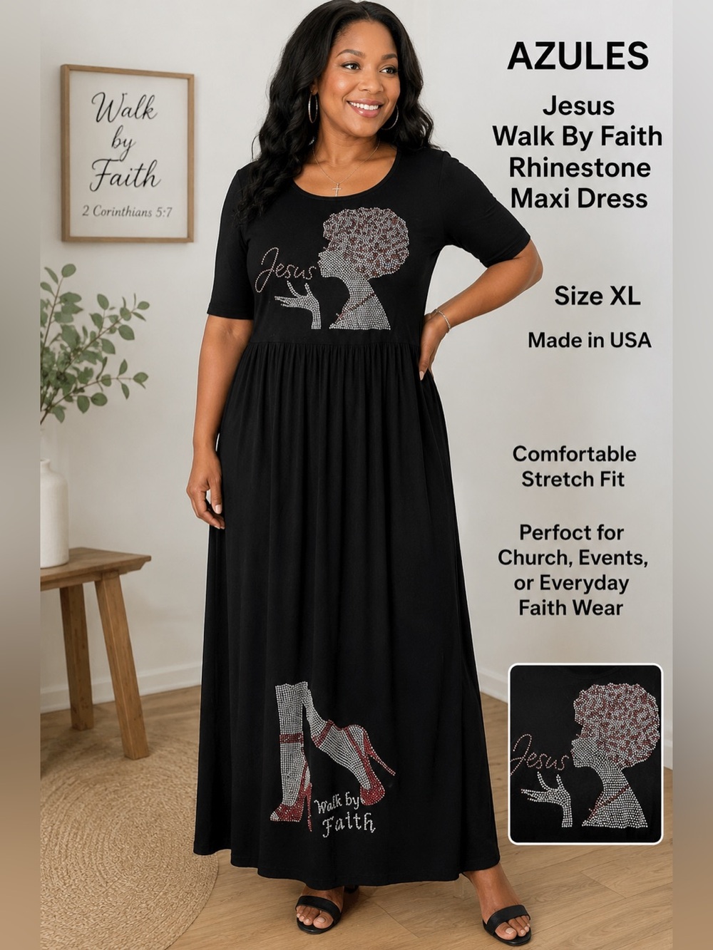 Azules Jesus Walk By Faith Rhinestone Maxi Dress XL Black Christian Church C3